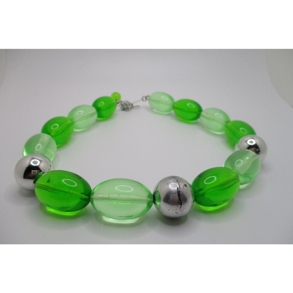 Vintage West Germany Lime Green and Silver Beaded Choker Necklace - Picture 2 of 10